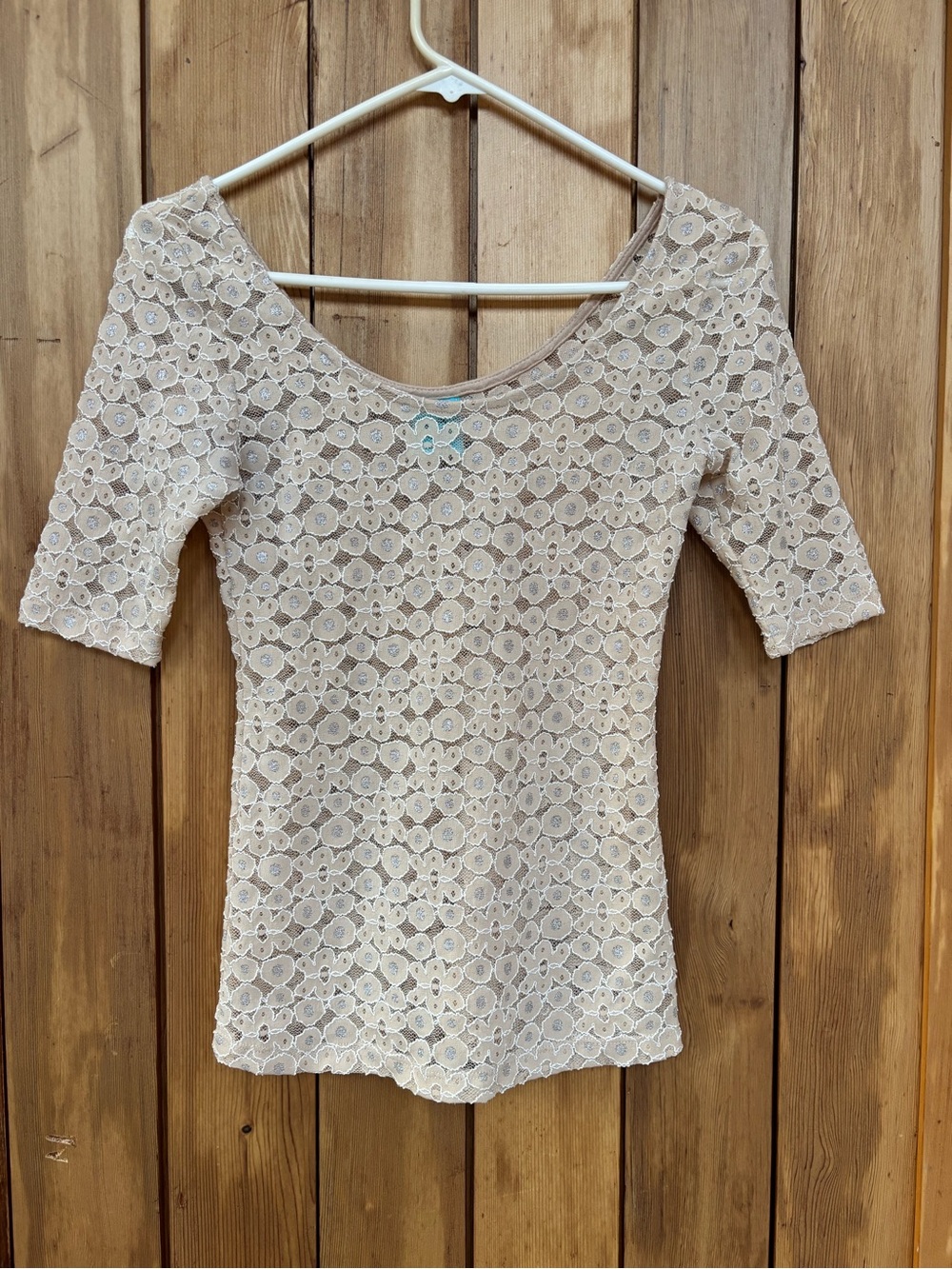 h.i.p. Y2K Sheer Floral Lace Double Scoop Neck Top - Size S
